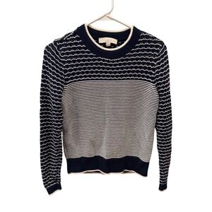 LOFT Womens Navy Blue White Striped Textured Knit Crew Neck Sweater Small B2214
